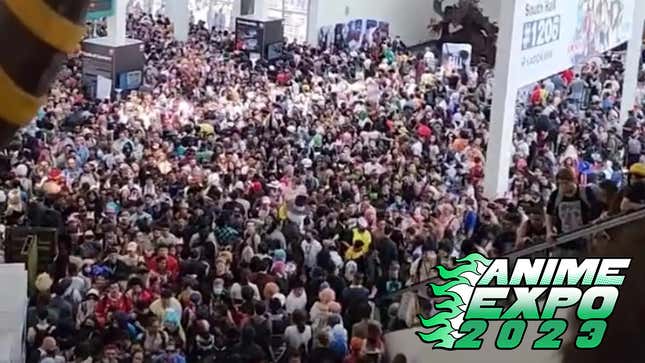 A screenshot shows a crowd of visitors packed into the lobby at Anime Expo 2023.