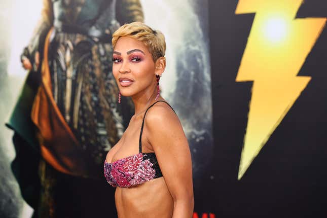 Meagan Good attends the premiere of Warner Bros.’ “Shazam 2&quot; at Regency Village Theatre on March 14, 2023 in Los Angeles, California.