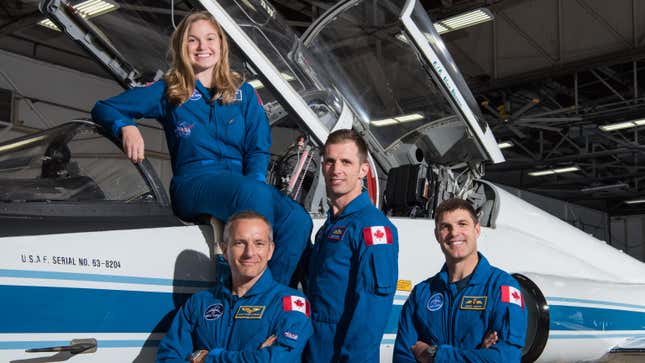 The 2017 Canadian Space Agency astronaut team. Back: Jenni Sidey-Gibbons. Front, left to right: David Saint-Jacques, Joshua Kutryk, Jeremy Hansen. 