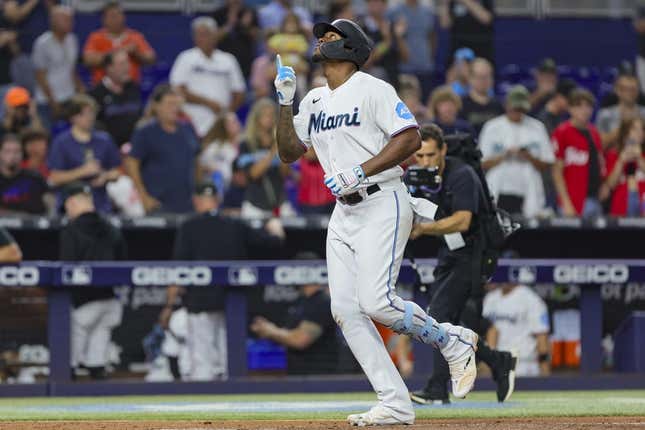 Aug 15, 2023; Miami, Florida, USA; Miami Marlins designated hitter Jorge Soler (12) circles the bases after hitting a two-run home run against the Houston Astros during the third inning at loanDepot Park.