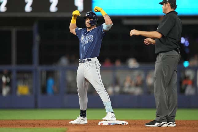 Aug 29, 2023; Miami, Florida, USA;  Tampa Bay Rays third baseman Isaac Paredes (17) celebrates a two-RBI double in the sixth inning against the Miami Marlins at loanDepot Park.