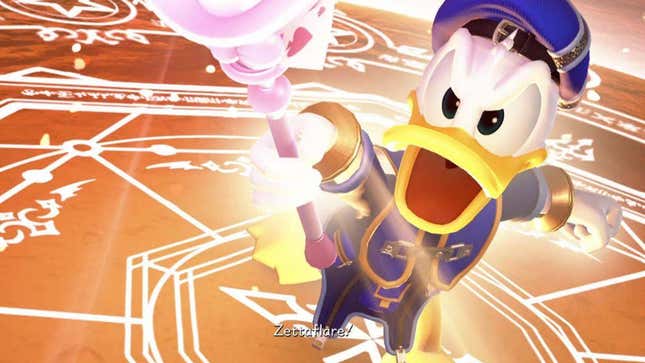 A screenshot shows Donald Duck in Kingdom Hearts casting Zettaflare.