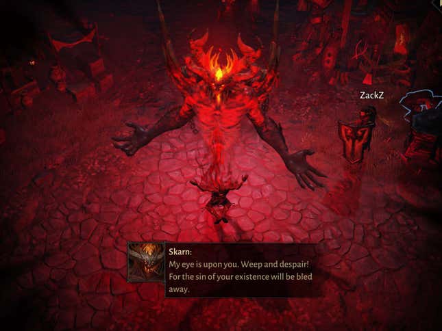 A large red demon talks to a dying man.