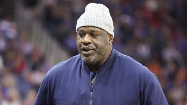Shaquille O’Neal attends the Big 12 basketball tournament championship game between the Texas Longhorns and Kansas Jayhawks on March 11, 2023 at T-Mobile Center in Kansas City, MO.