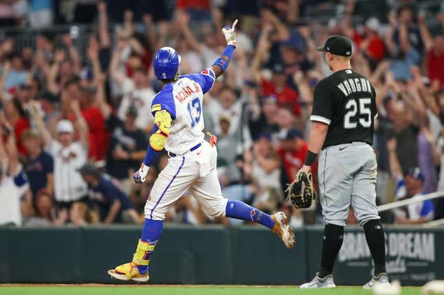Jul 15, 2023; Atlanta, Georgia, USA; Atlanta Braves right fielder Ronald Acuna Jr. (13) reacts after a home run against the Chicago White Sox in the ninth inning at Truist Park.