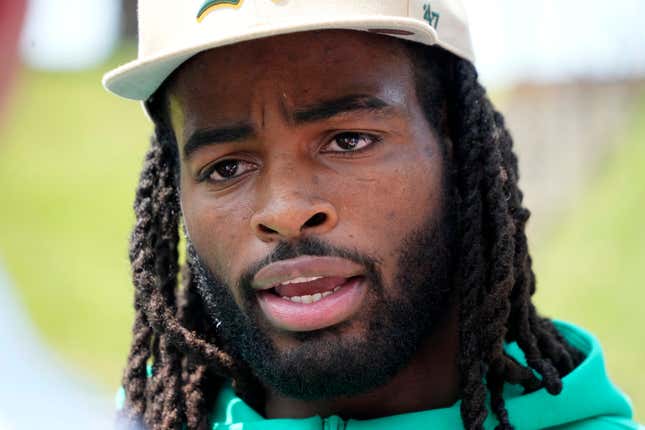 Pittsburgh Steelers running back Najee Harris talks with reporters