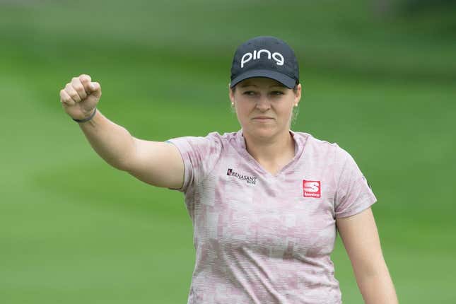 Aug 26, 2022; Ottawa, Ontario, CAN; Ally Ewing from the United States celebrates a birdie on the 18th hole during the second round of the CP Women&#39;s Open golf tournament.