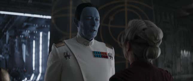 Grand Admiral Thrawn speaks with Morgan Elsbeth. 