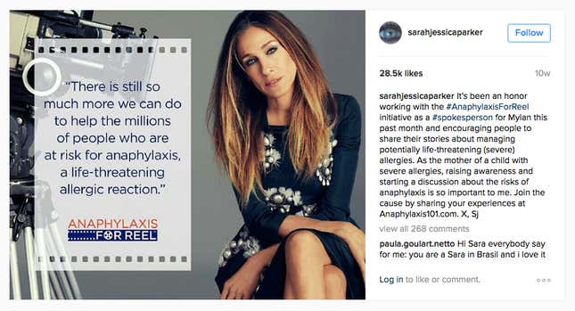 A post from Sarah Jessica Parker’s Instagram account promoting the Anaphylaxis for Reel campaign (Instagram)