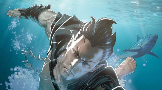 Cover art for Namor the Sub-Mariner: Conquered Shores #1, featuring Namor swimming. 