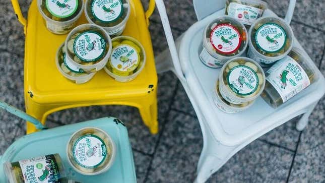 Grillo's Pickles tubs on colorful chairs