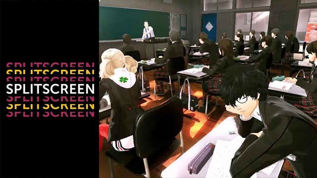 An image of the Splitscreen logo next to a schoolroom screenshot of Persona 5. 