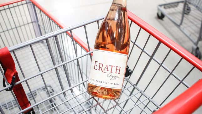 bottle of rose wine in grocery cart