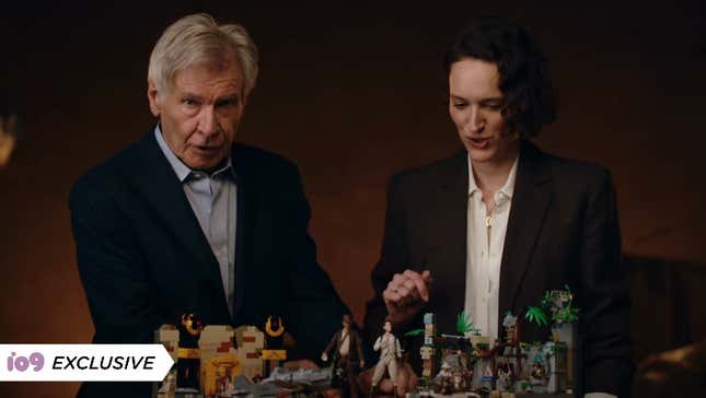Harrison Ford and Phoebe Waller-Bridge playing with Indiana Jones toys.