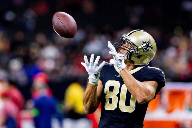 Aug 13, 2023; New Orleans, Louisiana, USA;  New Orleans Saints tight end Jimmy Graham (80) warms up before the game against the  Kansas City Chiefs during the pregame at the Caesars Superdome.