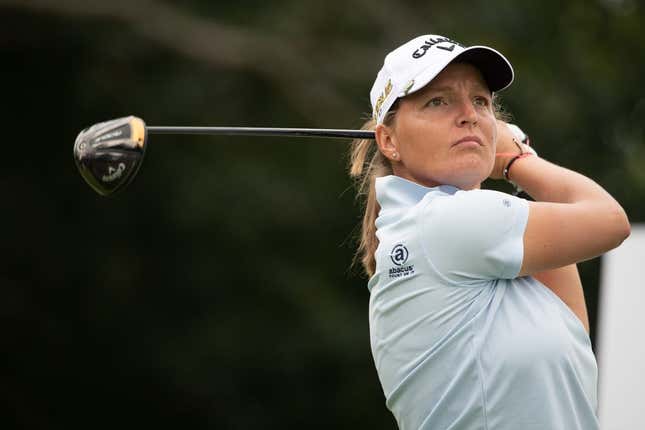 Aug 25, 2022; Ottawa, Ontario, CAN; Perrine Delacour of France tees off during the first round of the CP Women&#39;s Open golf tournament.