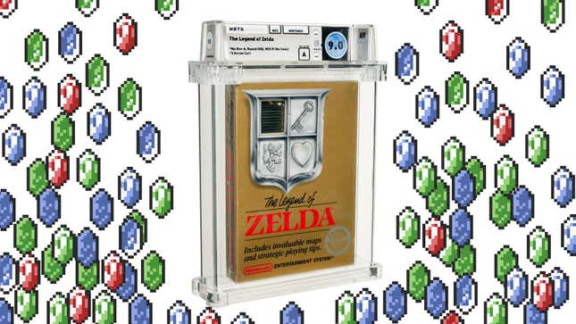 A Wata-sealed copy of The Legend of Zelda surrounded by pixel art of the game's rupee currency.