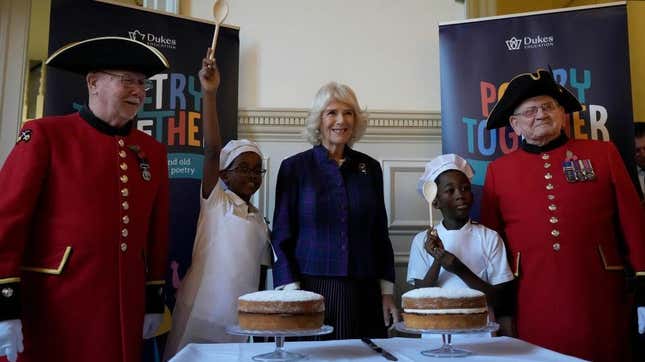 Queen Consort Camilla with two bakers of Victoria Sponge Cake