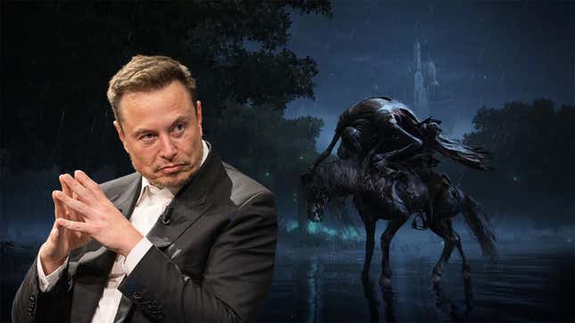 Elon Musk with his hands thoughtfully pressed together, looking towards an Elden Ring monster.