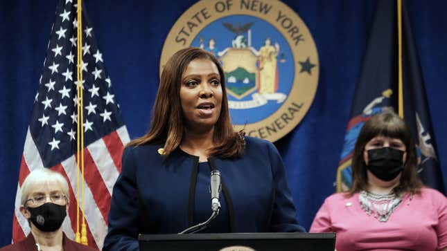 New York Attorney General Letitia James speaks at a podium.