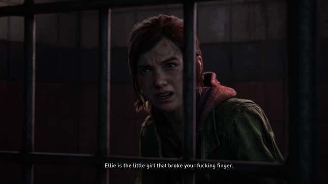 Ellie, behind bars and bruised, says "Ellie is the little girl that broke your fucking finger" in an image from the game The Last of Us.