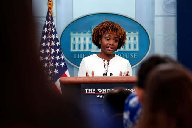  White House Press Secretary Karine Jean-Pierre speaks during the daily press briefing at the White House, September 08, 2022, in Washington, DC. Jean-Pierre said President Biden’s thoughts are with Queen Elizabeth II and the family. (Photo by Kevin Dietsch/Getty Images)