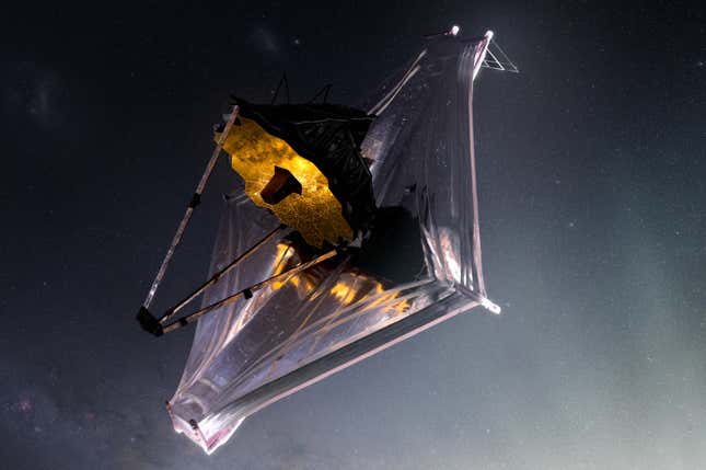 An artist's conception of the Webb telescope at center, oriented towards the bottom left corner of the image.