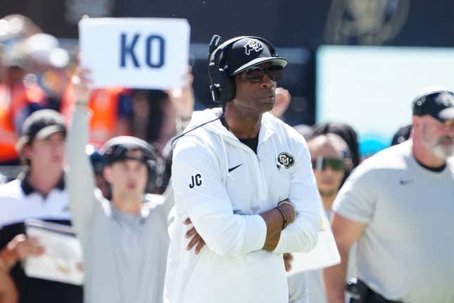 Sep 9, 2023; Boulder, Colorado, USA; Colorado Buffaloes head coach Deion Sanders on the sidelines in the third quarter against the Nebraska Cornhuskers at Folsom Field.