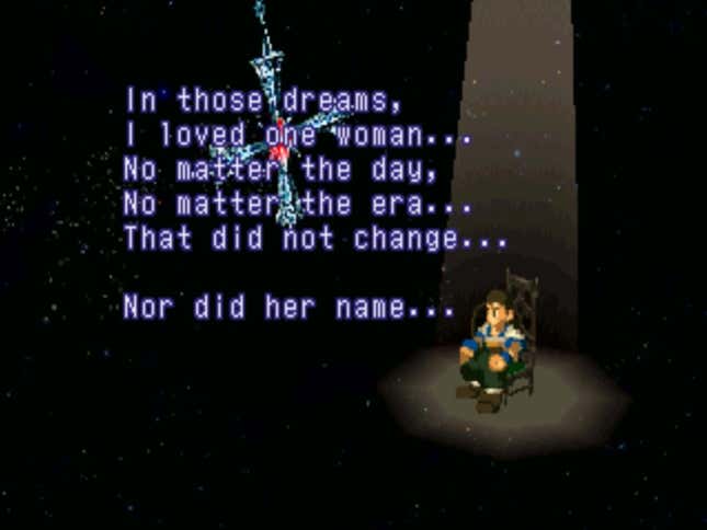 A figure sits in a chair lit by a spotlight in an otherwise dark space. Onscreen are the words, "In those dreams, I loved one woman...No matter the day, No matter the era...That did not change...Nor did her name..."