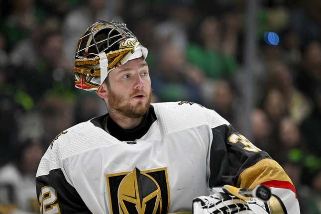 Apr 8, 2023; Dallas, Texas, USA; Vegas Golden Knights goaltender Jonathan Quick (32) during the game between the Dallas Stars and the Vegas Golden Knights at American Airlines Center.