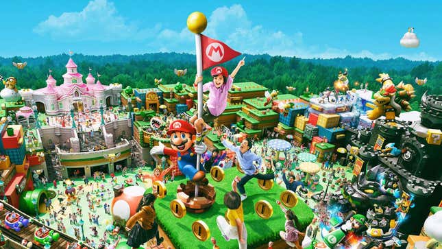 A mock up of Super Nintendo World, full of colorful characters and excited children.