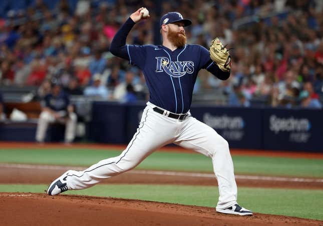 Jul 5, 2023; St. Petersburg, Florida, USA;  Tampa Bay Rays starting pitcher Zack Littell (52) throws a pitch against the Philadelphia Phillies during the second inning at Tropicana Field.