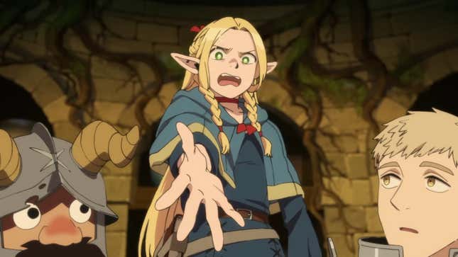 A screenshot shows characters from Delicious in Dungeon gathered around a pot of food.