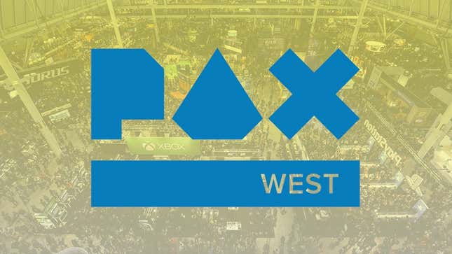 The PAX West logo superimposed over a photo of a crowded convention show floor. 