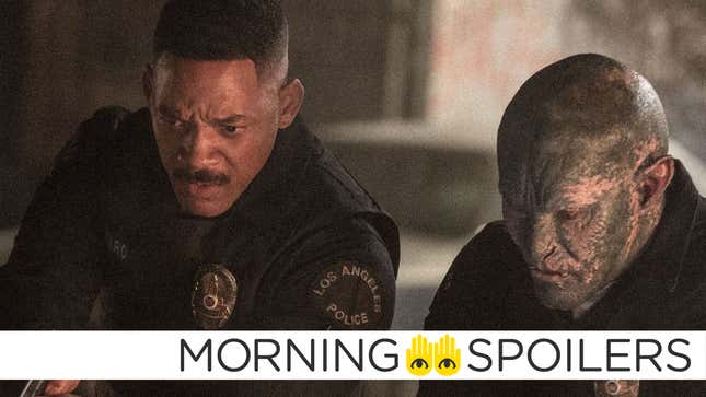 Will Smith and Joel Edgerton—the latter clad in dark prosthetics to look like a fantasy Orc—as police officers in the Netflix movie Bright.