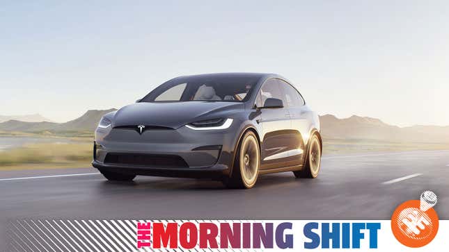 A photo of a Tesla Model X SUV with The Morning Shift graphic underneath. 