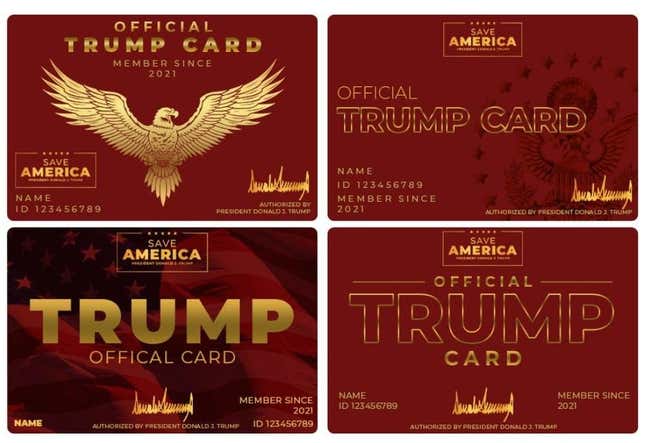 Save America PAC's "Trump cards," complete with an eagle graphic resembling the Reichsadler and a misspelling of the word "official."