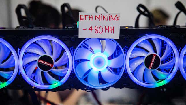 A machine for mining ether on display at a crypto convention in Thailand.