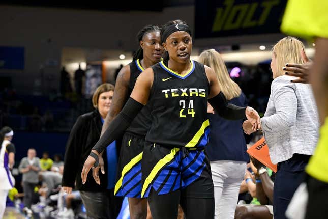 Jul 22, 2023; Arlington, Texas, USA; Dallas Wings guard Arike Ogunbowale (24) leaves the game against the Los Angeles Sparks during the second half at College Park Center.