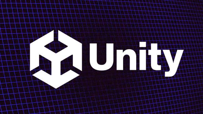 A screenshot shows the Unity logo in white on a blue and black grid background. 