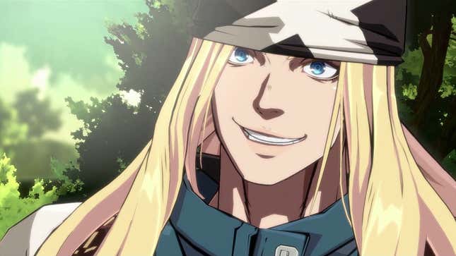 Guilty Gear character Axl Low, his long blonde hair falling out beneath a black and white beanie, smirks at the camera.
