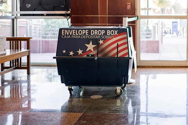 A dropbox is pictured ahead of the midterm elections at the City Hall in Mesa, Arizona, on October 25, 2022