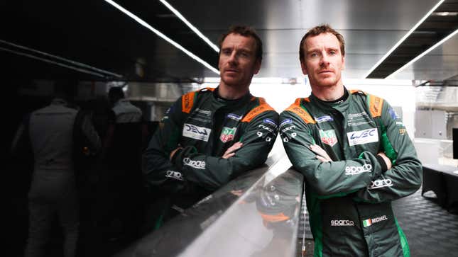 A photo of Michael Fassbender in a race suite at Le Mans. 