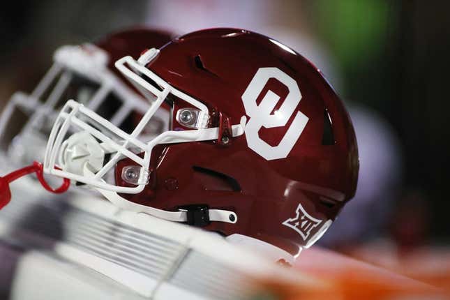 Nov 26, 2022; Lubbock, Texas, USA;  A general view of an Oklahoma Sooners helmet on the bench during the game between against the Texas Tech Red Raiders at Jones AT&amp;amp;T Stadium and Cody Campbell Field.