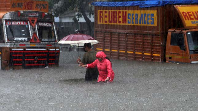 Heavy vehicles stranded in Mumbai on Sept. 04, after incessant rain pounded the city.