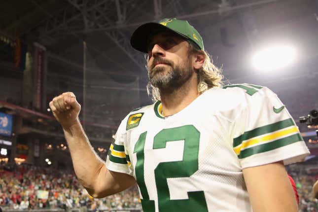 Quarterback Aaron Rodgers #12 of the Green Bay Packers walks off the field following the NFL game at State Farm Stadium on October 28, 2021 in Glendale, Arizona. 