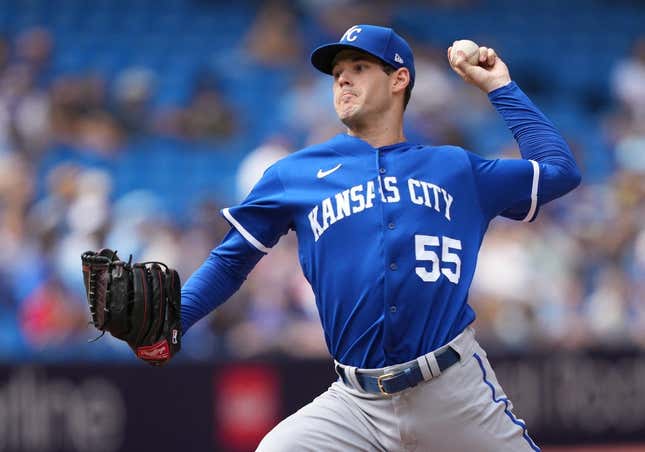 Sep 10, 2023; Toronto, Ontario, CAN; Kansas City Royals starting pitcher Cole Ragans (55) throws a pitch against the Toronto Blue Jays during the first inning at Rogers Centre.