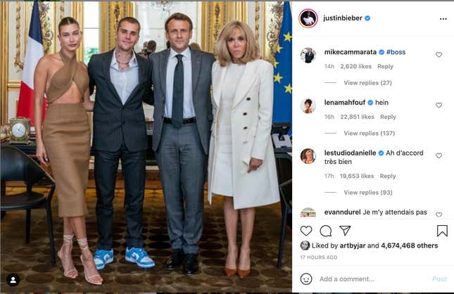 Image for article titled I Have Some Questions about Hailey Bieber&#39;s Outfit to Meet French President Emmanuel Macron