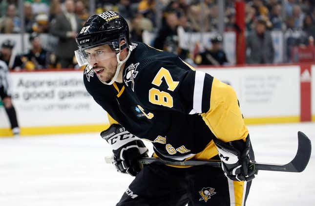 Apr 6, 2023; Pittsburgh, Pennsylvania, USA; Pittsburgh Penguins center Sidney Crosby (87) prepares for a face-off against the Minnesota Wild during the second period at PPG Paints Arena.