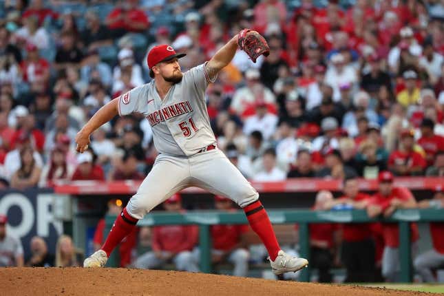 Aug 22, 2023; Anaheim, California, USA; Cincinnati Reds starting pitcher Graham Ashcraft (51) pitches during the second inning against the Los Angeles Angels at Angel Stadium.